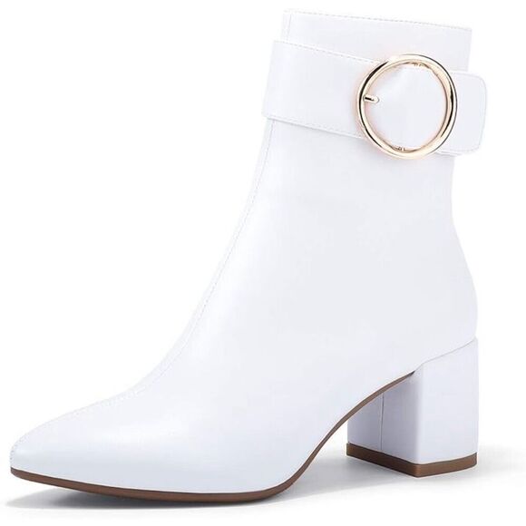 IDIFU Dressy Chunky Heel Ankle Boots Short Booties White 8 - Picture 1 of 9